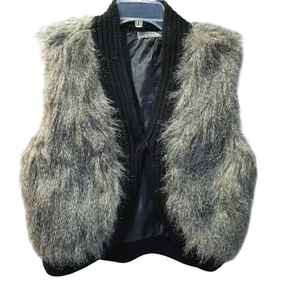Womens Faux Fur Knit Vest Large NY Collection Black Gray Snap Closure Y2K Grunge